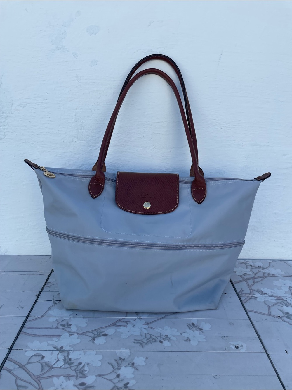 Longchamp Light Gray Tote with Brown Leather Trim